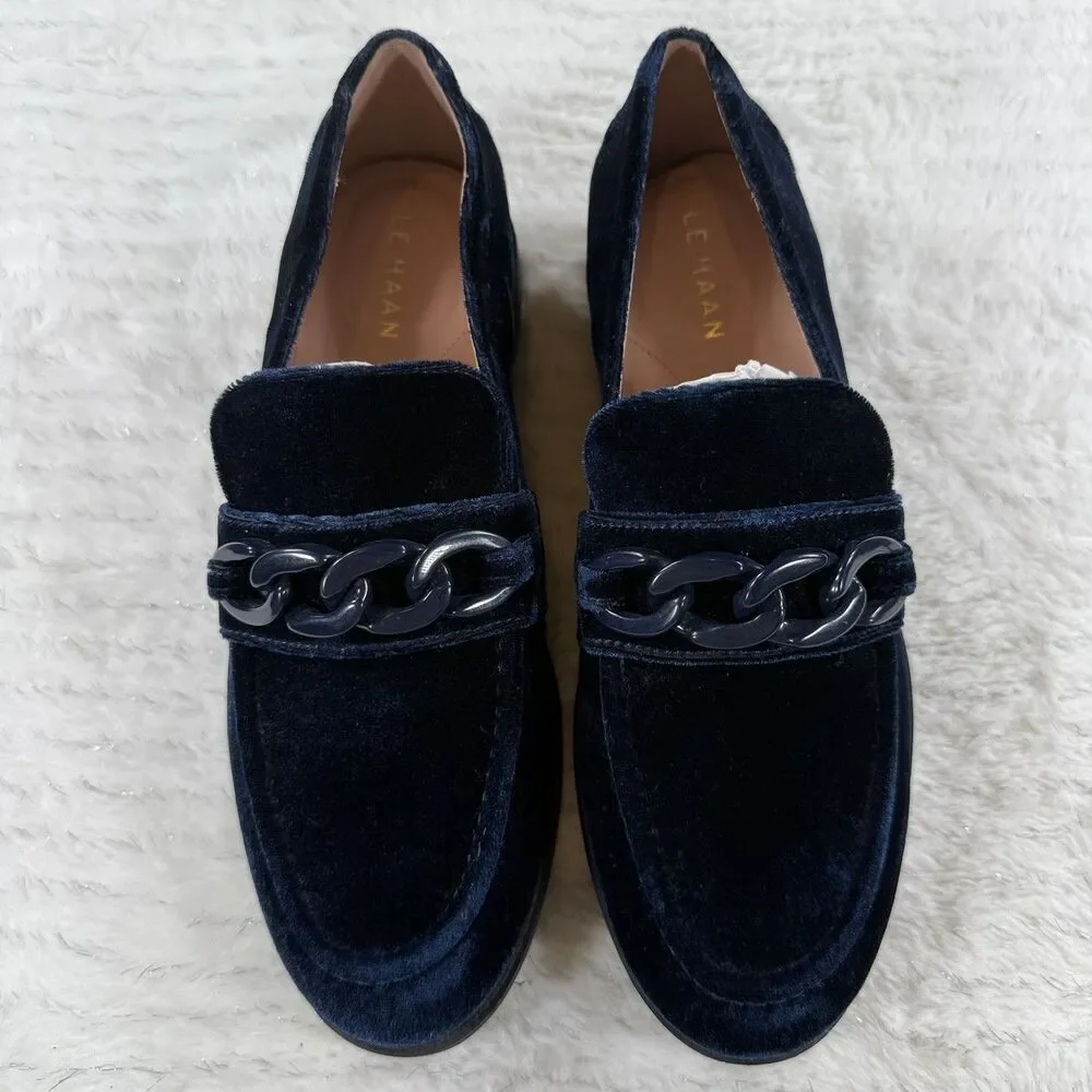 Cole Haan Womens Stassi Velvet Chain Loafer Navy Blue Size 6 Dress Flat